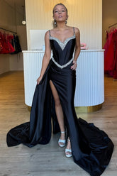 Red Prom Dress Corset Beaded Long Formal Dress With Slit